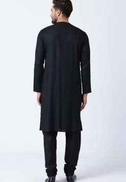 Embroidered Cotton Layered Kurta Set in Black
