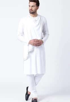 Embroidered Cotton Layered Kurta Set in White