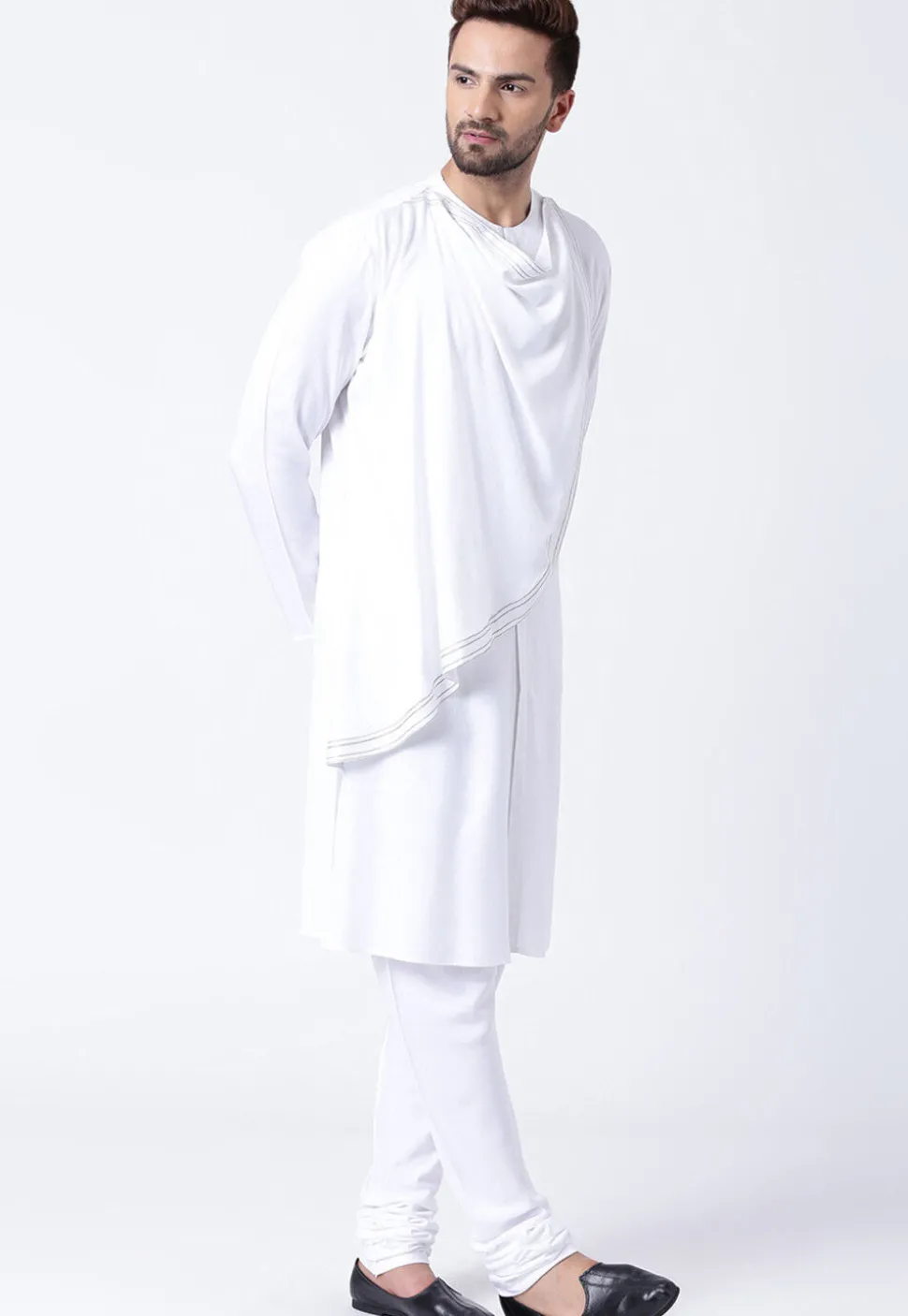 Embroidered Cotton Layered Kurta Set in White