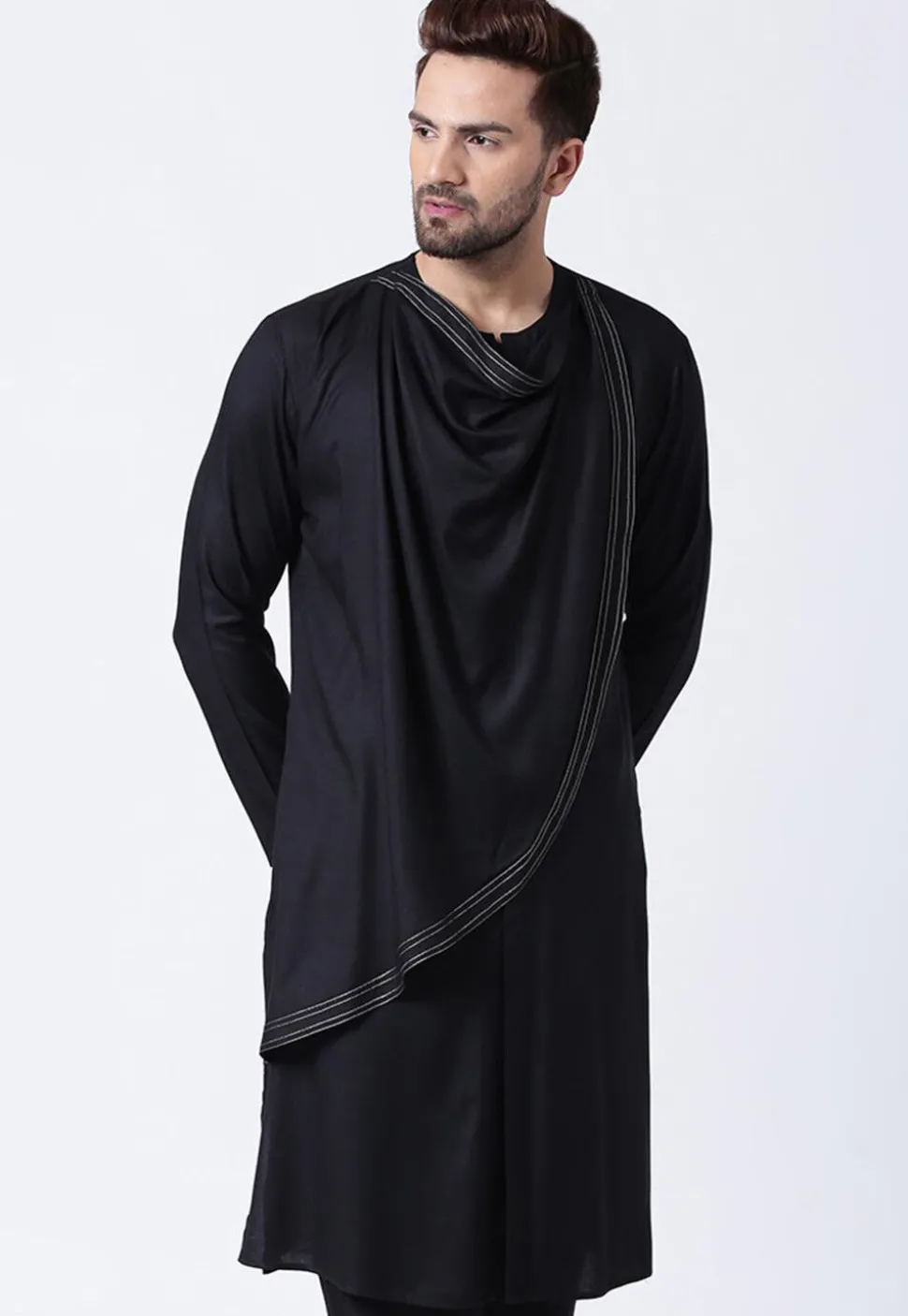 Embroidered Cotton Layered Kurta in Black