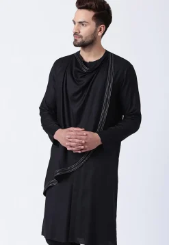 Embroidered Cotton Layered Kurta in Black