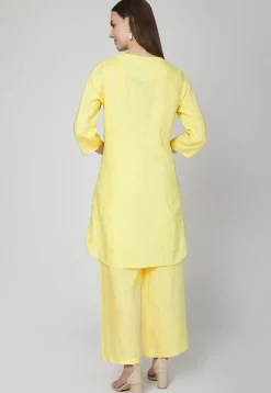 Embroidered Cotton Linen Kurta with Palazzo in Yellow
