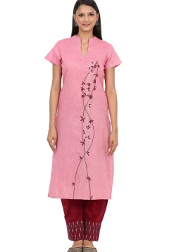 Embroidered Cotton Linen Straight Kurta in Pink