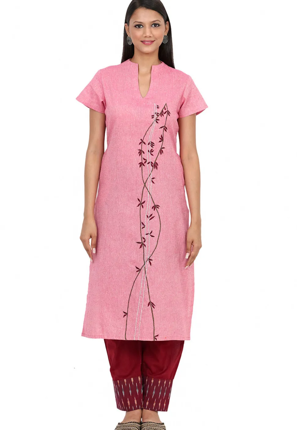 Embroidered Cotton Linen Straight Kurta in Pink