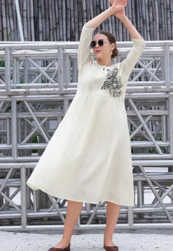 Embroidered Cotton Midi Dress in Off White