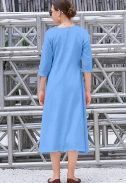 Embroidered Cotton Midi Dress in Blue