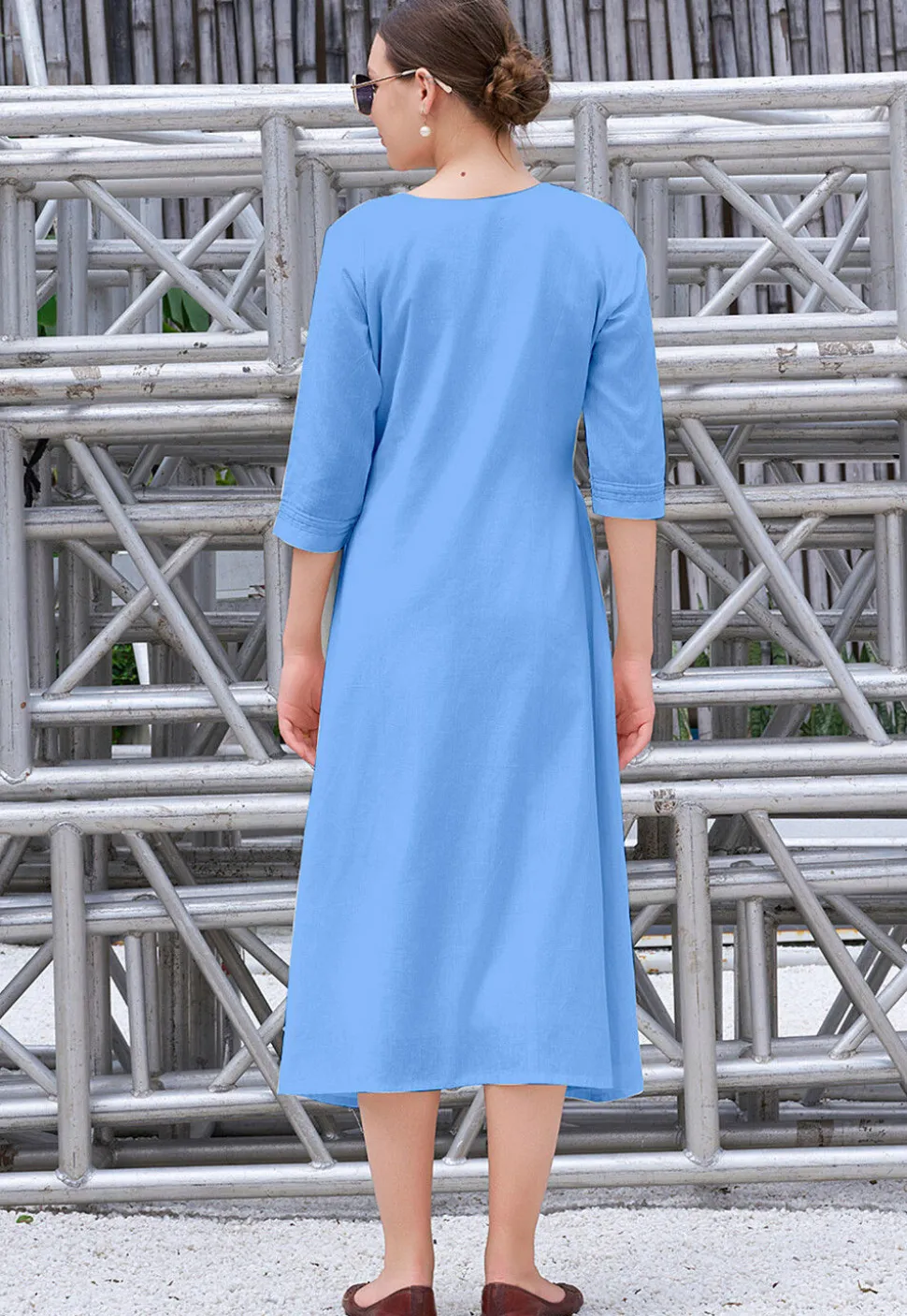 Embroidered Cotton Midi Dress in Blue