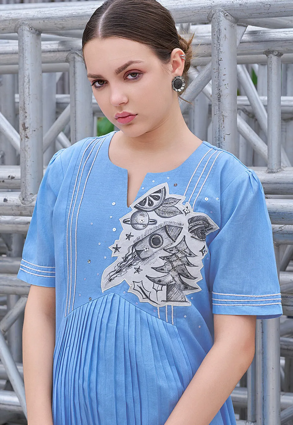 Embroidered Cotton Midi Dress in Blue