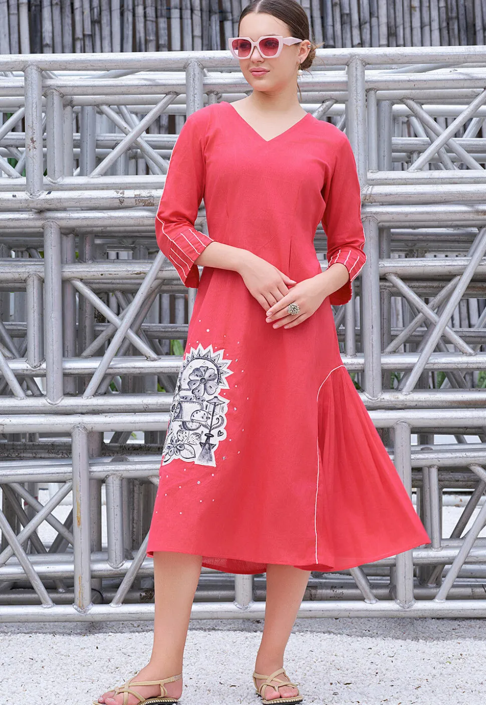 Embroidered Cotton Midi Dress in Coral Pink