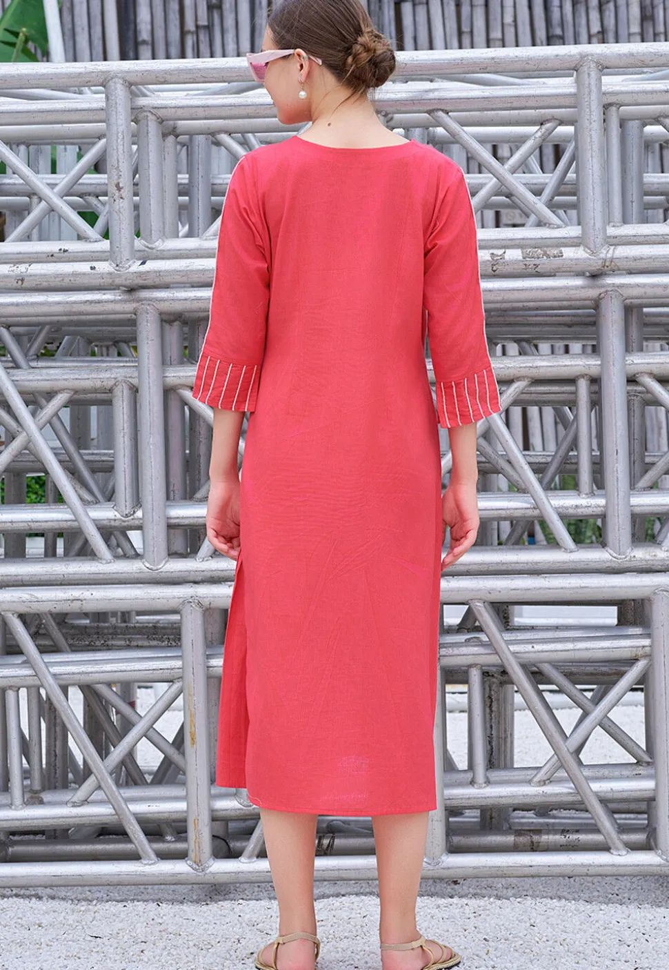 Embroidered Cotton Midi Dress in Coral Pink