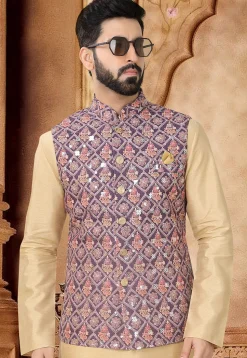 Embroidered Cotton Nehru Jacket in Purple