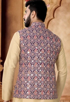 Embroidered Cotton Nehru Jacket in Purple