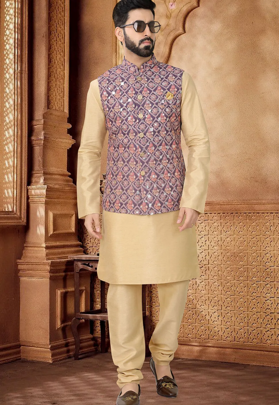 Embroidered Cotton Nehru Jacket in Purple