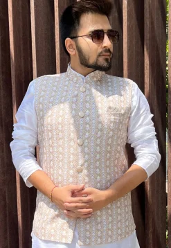 Embroidered Cotton Nehru Jacket in Beige