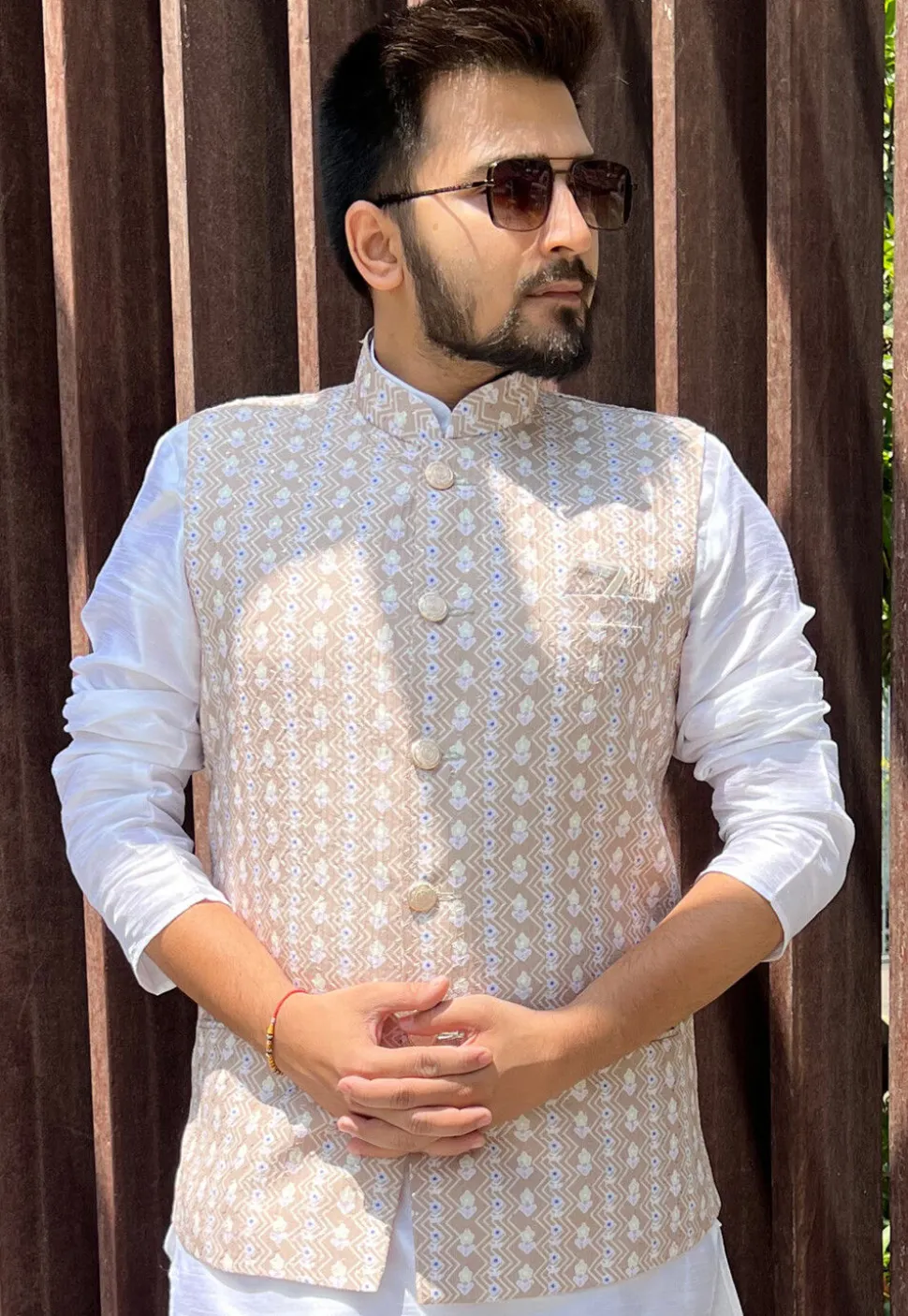 Embroidered Cotton Nehru Jacket in Beige