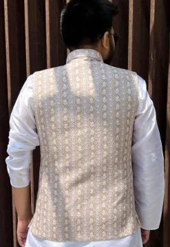 Embroidered Cotton Nehru Jacket in Beige