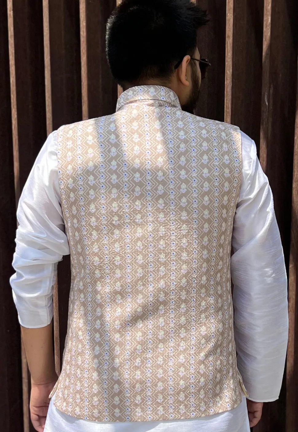 Embroidered Cotton Nehru Jacket in Beige