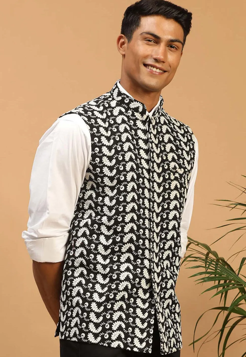 Embroidered Cotton Nehru Jacket in Black