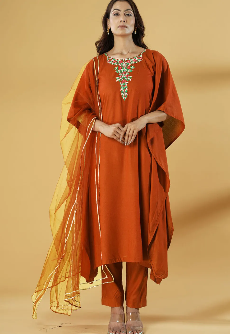 Embroidered Cotton Pakistani Suit in Rust