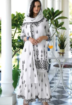 Embroidered Cotton Pakistani Suit in Off White