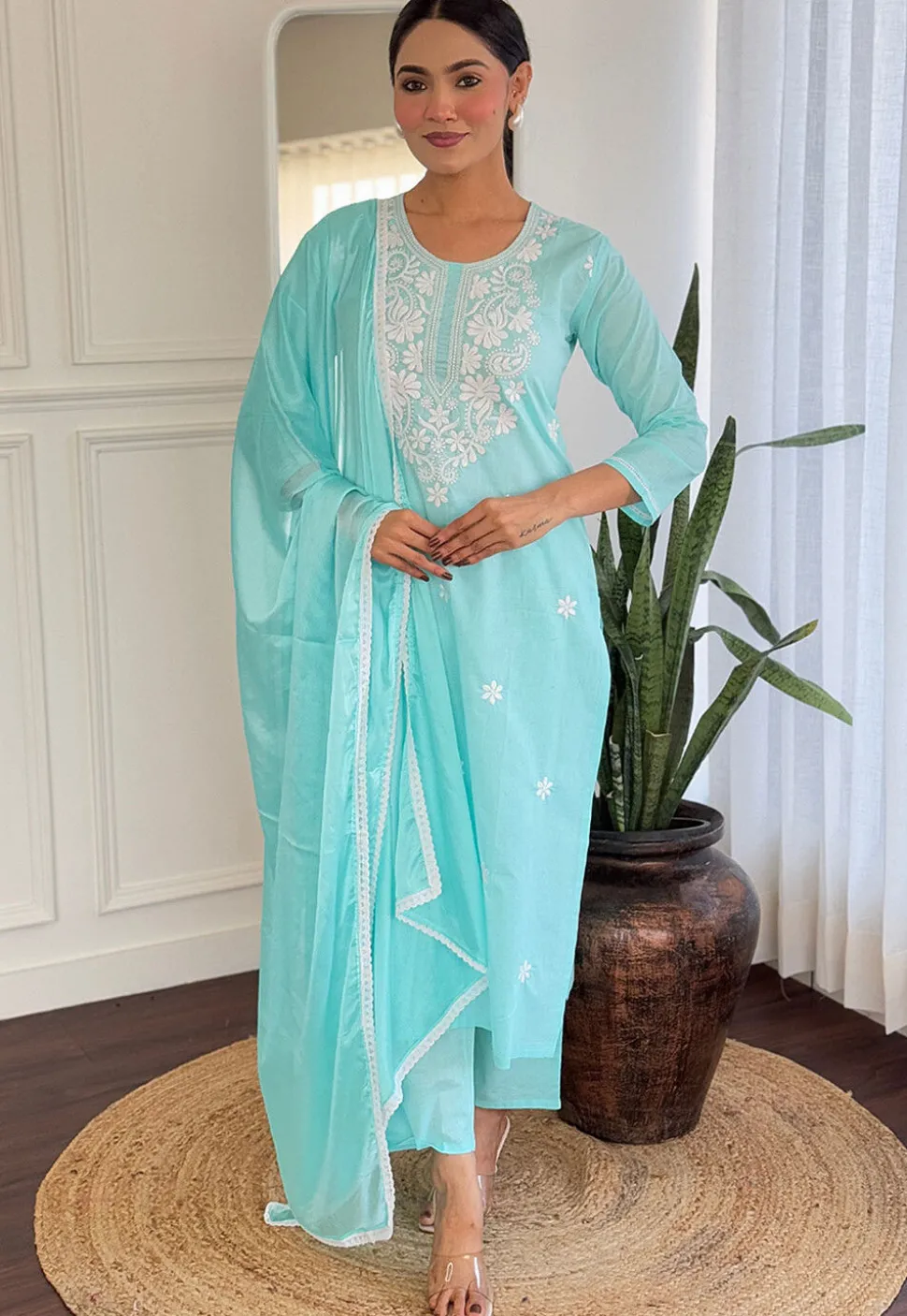 Embroidered Cotton Pakistani Suit in Light Blue