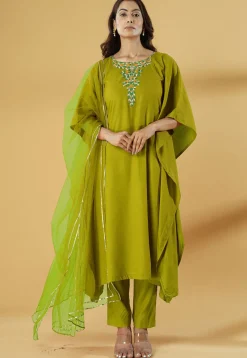 Embroidered Cotton Pakistani Suit in Olive Green
