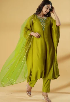 Embroidered Cotton Pakistani Suit in Olive Green