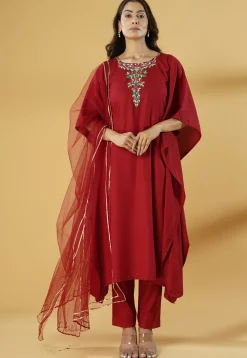 Embroidered Cotton Pakistani Suit in Maroon