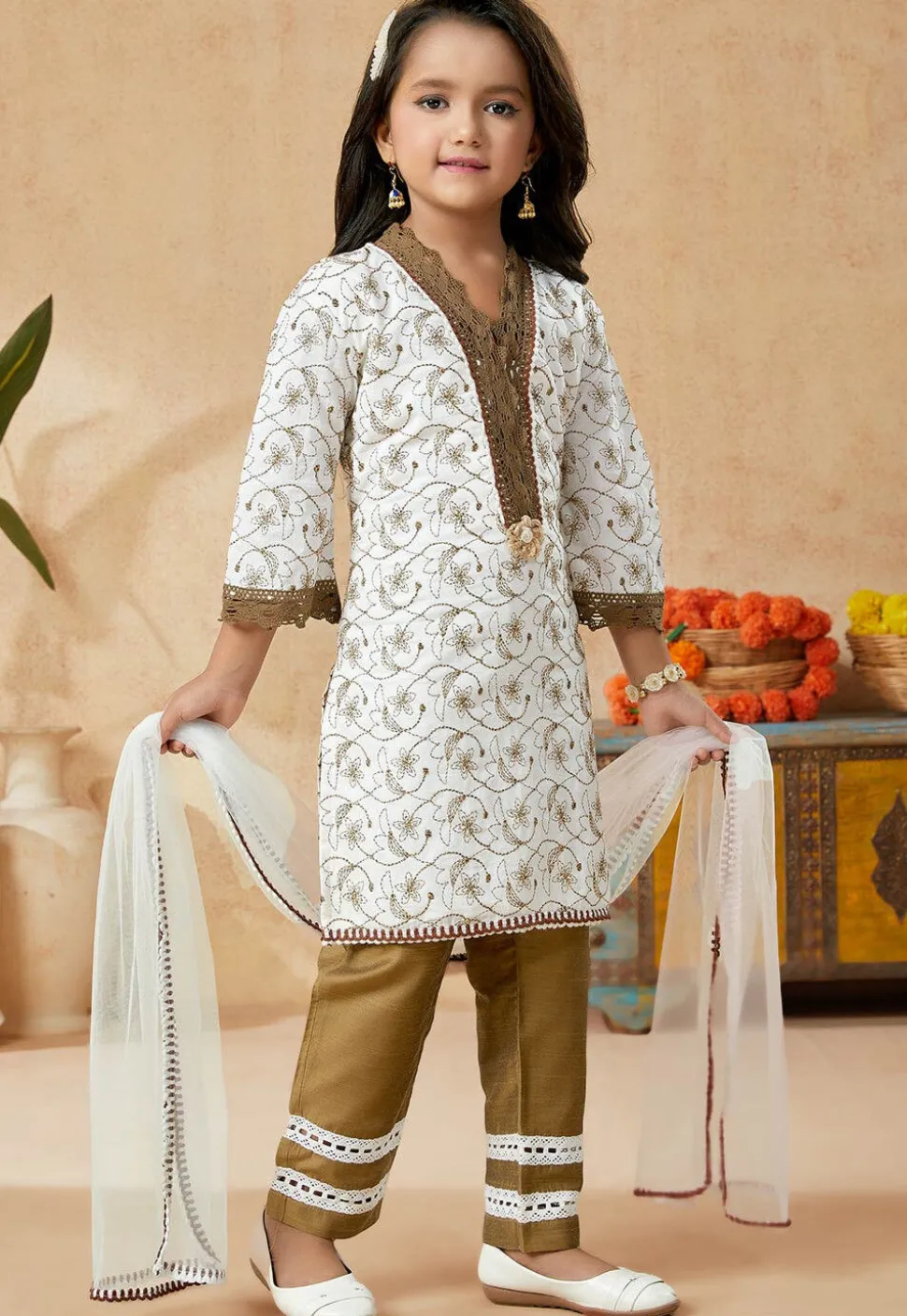 Embroidered Cotton Pakistani Suit in Off White