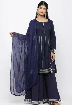 Embroidered Cotton Pakistani Suit in Navy Blue