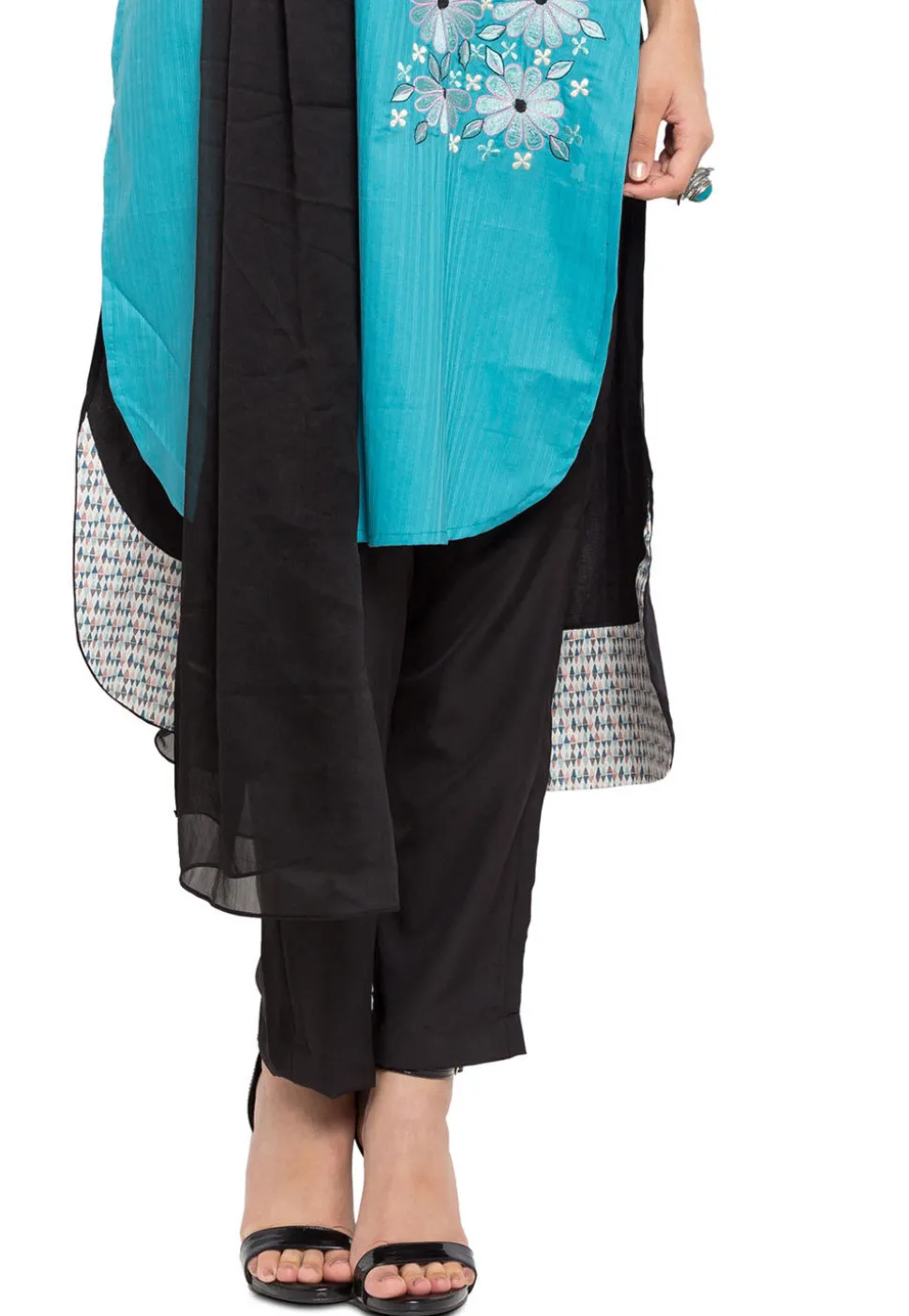 Embroidered Cotton Pakistani Suit in Sky Blue and Black
