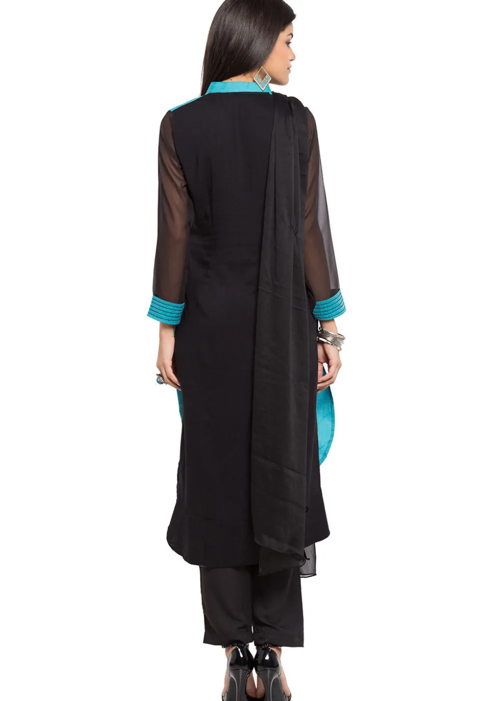 Embroidered Cotton Pakistani Suit in Sky Blue and Black