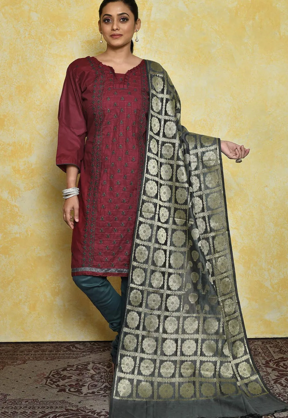 Embroidered Cotton Pakistani Suit in Maroon