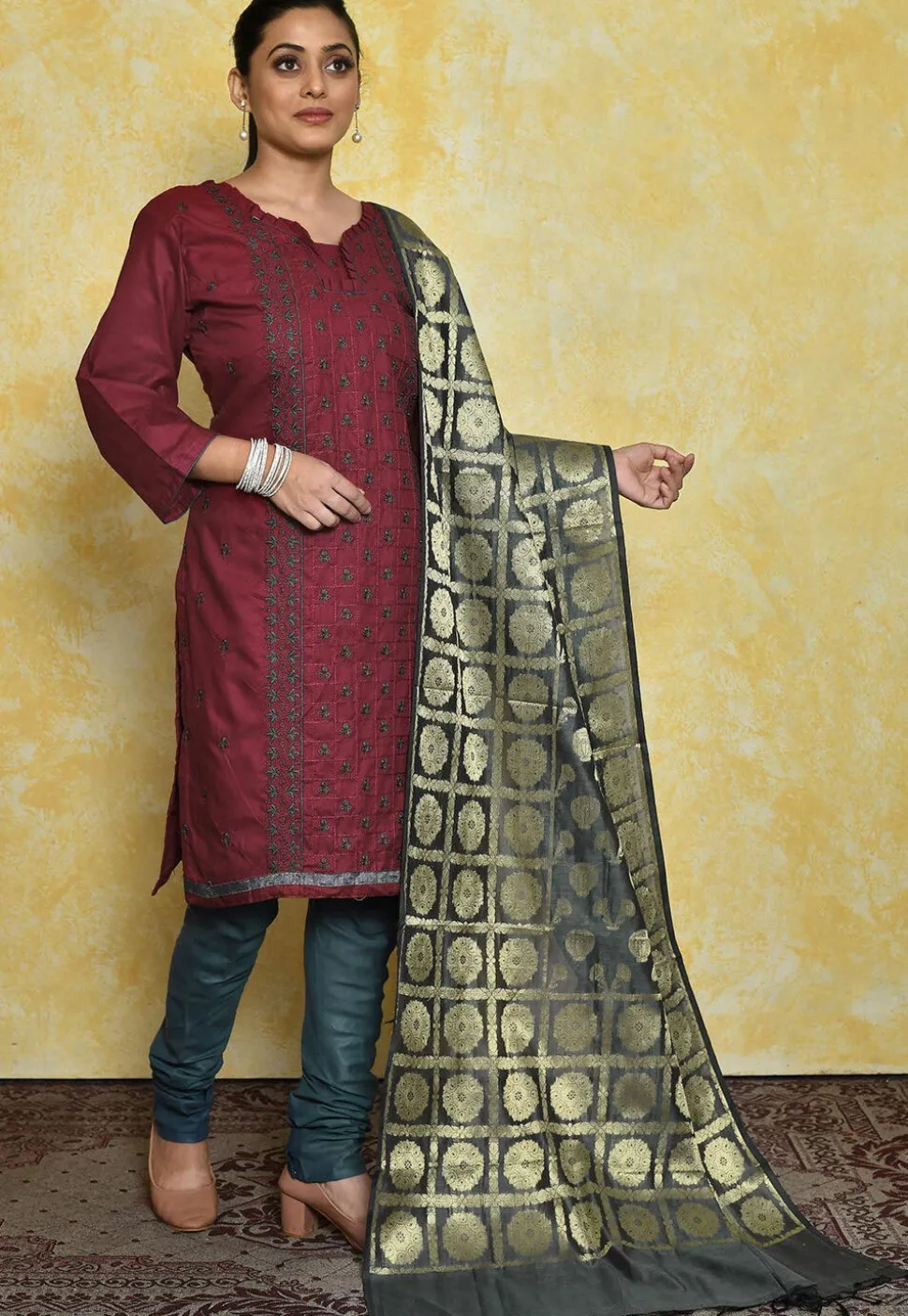 Embroidered Cotton Pakistani Suit in Maroon