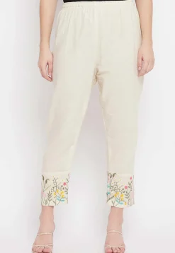 Embroidered Cotton Pant in Light Beige