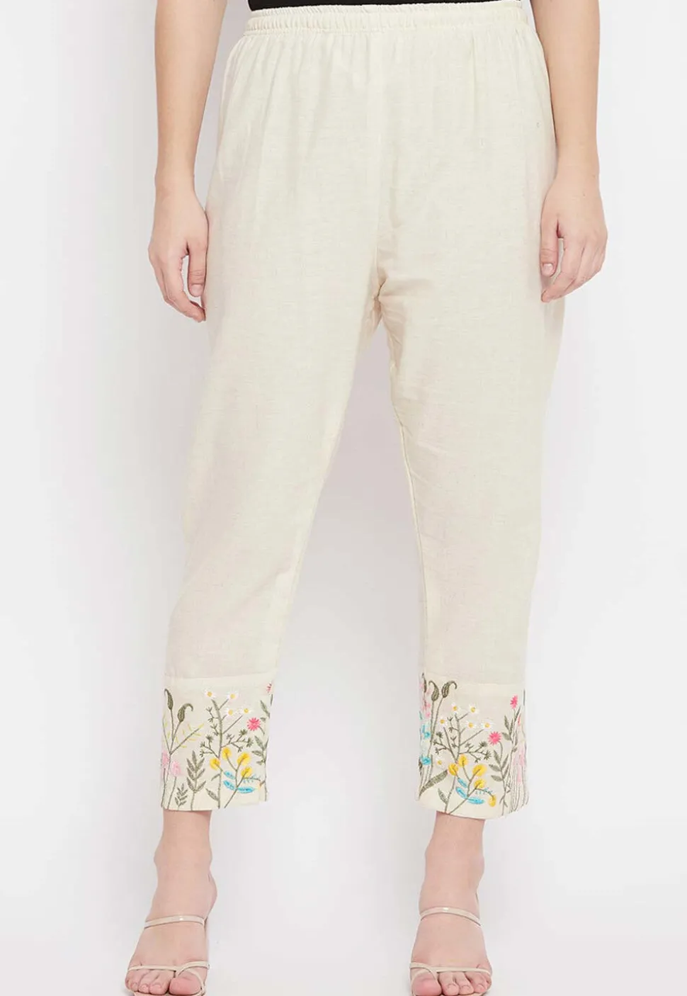 Embroidered Cotton Pant in Light Beige