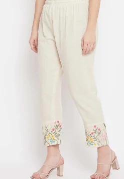 Embroidered Cotton Pant in Light Beige