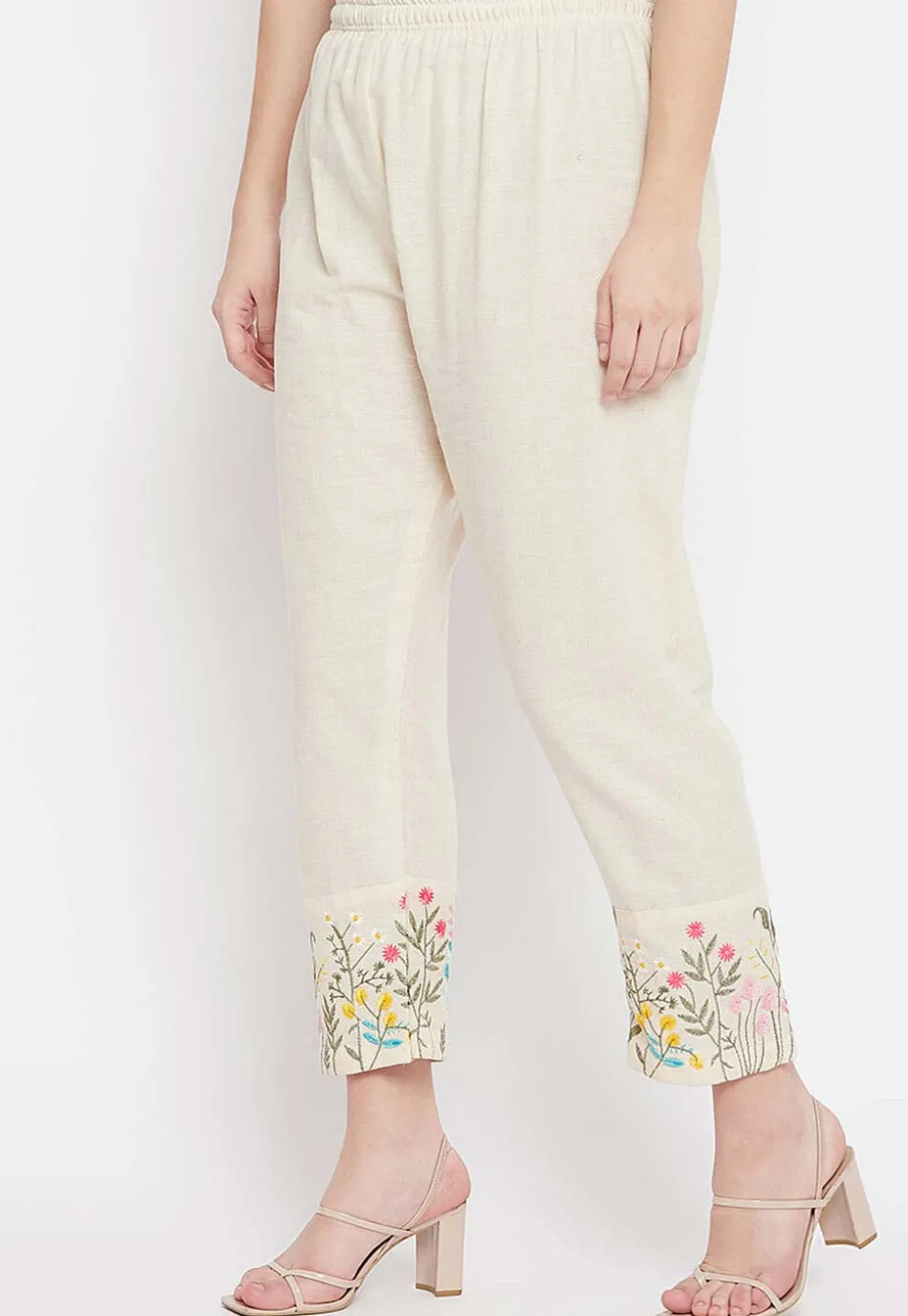 Embroidered Cotton Pant in Light Beige