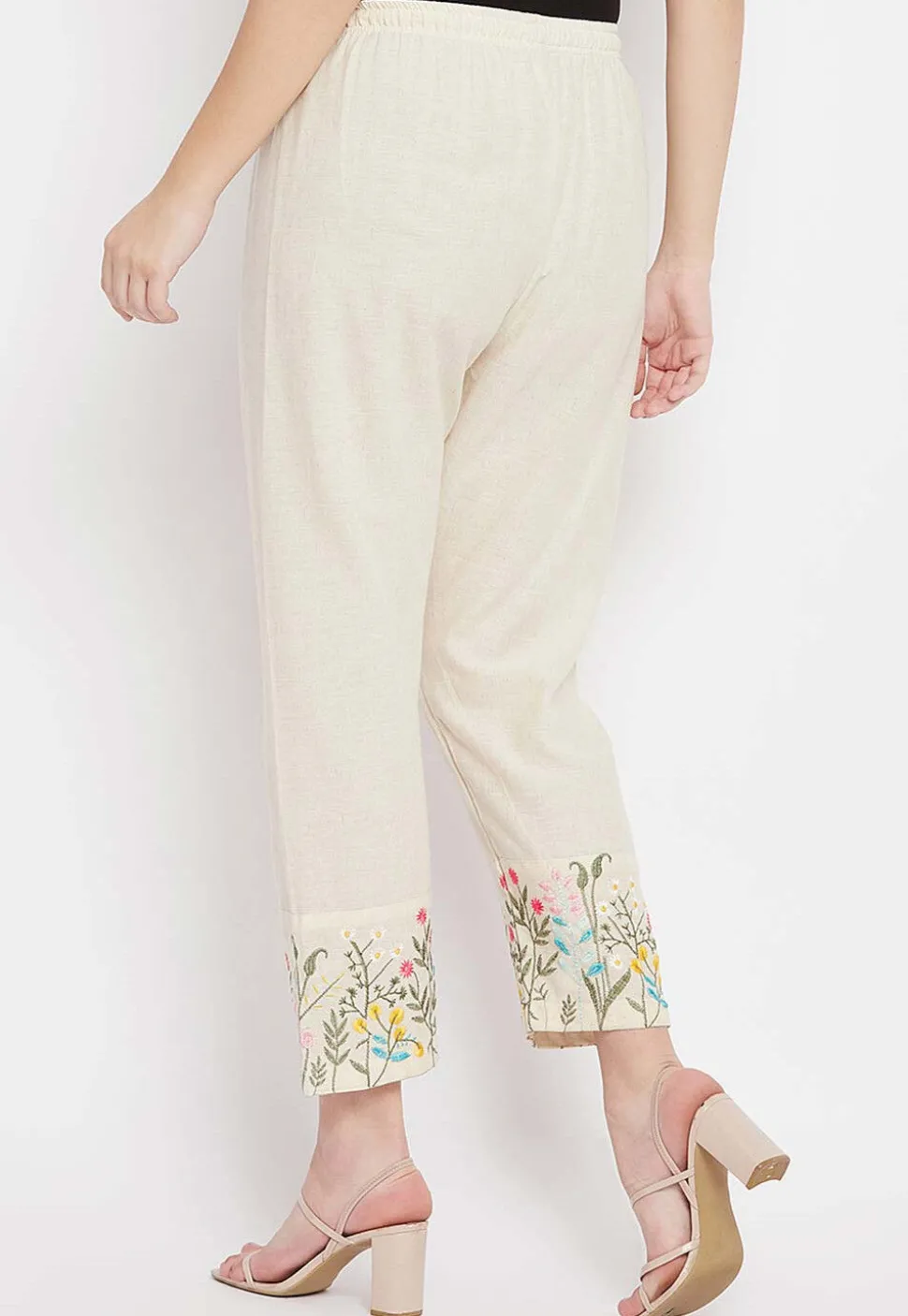 Embroidered Cotton Pant in Light Beige