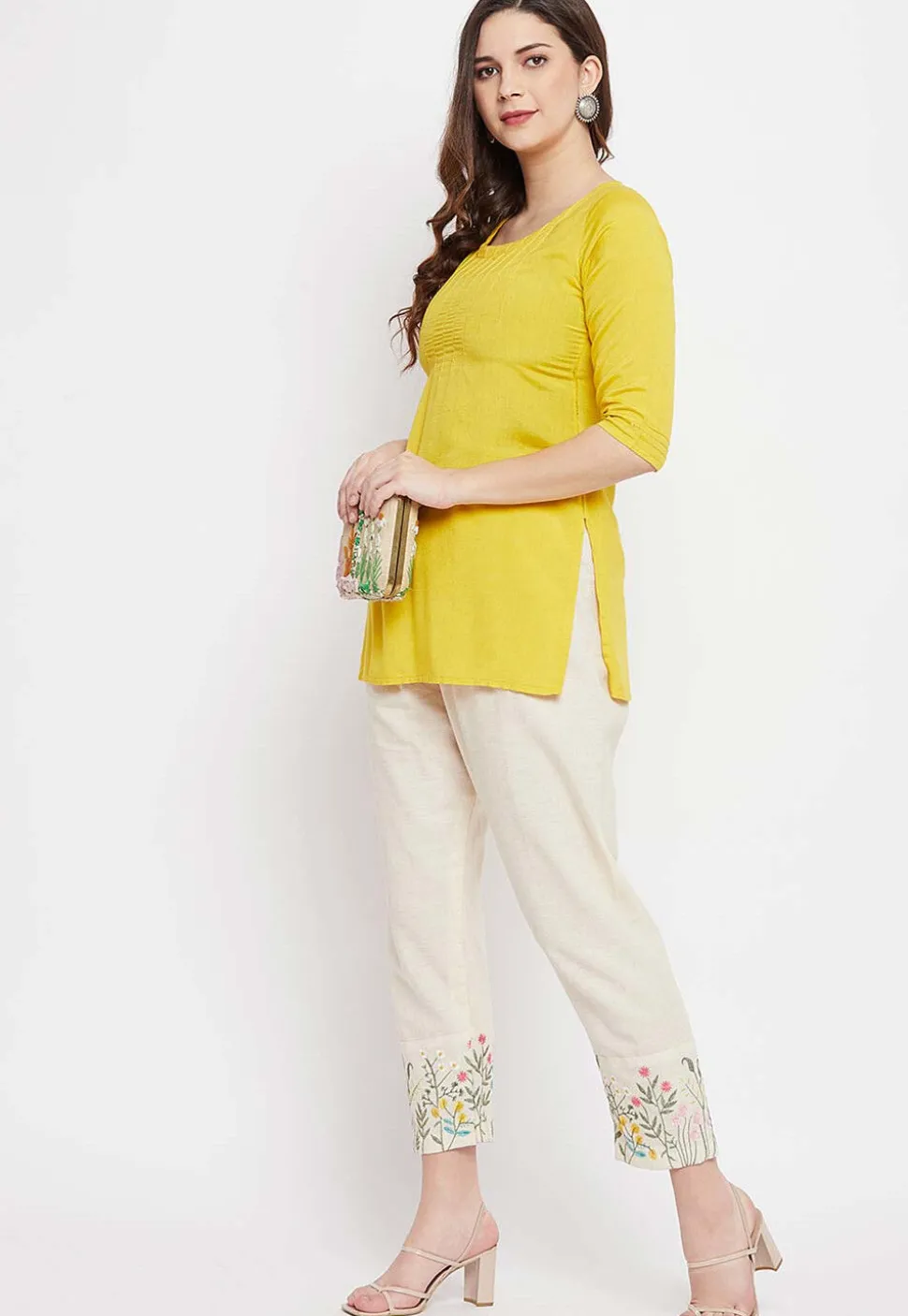 Embroidered Cotton Pant in Light Beige
