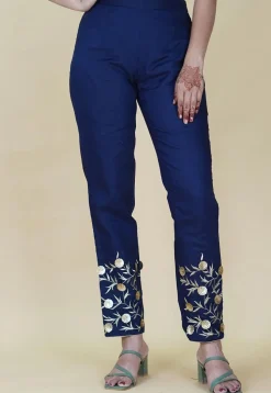 Embroidered Cotton Pant in Navy Blue