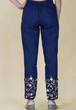 Embroidered Cotton Pant in Navy Blue