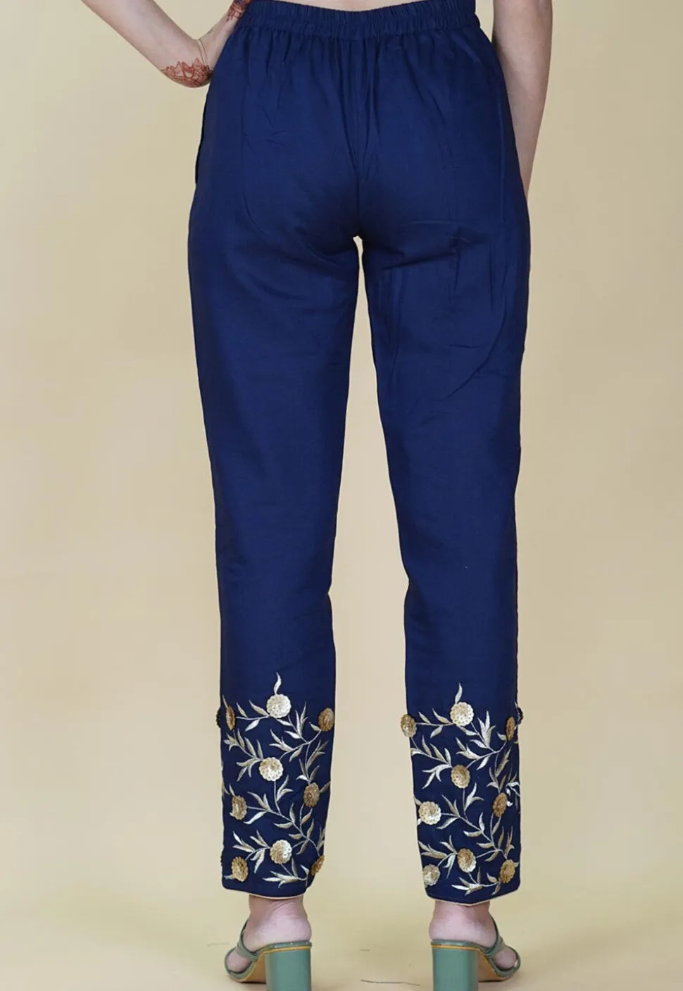 Embroidered Cotton Pant in Navy Blue