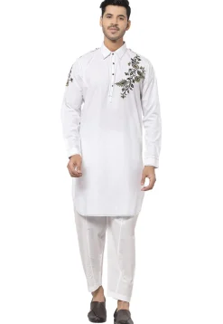 Embroidered Cotton Pathani Suit in White
