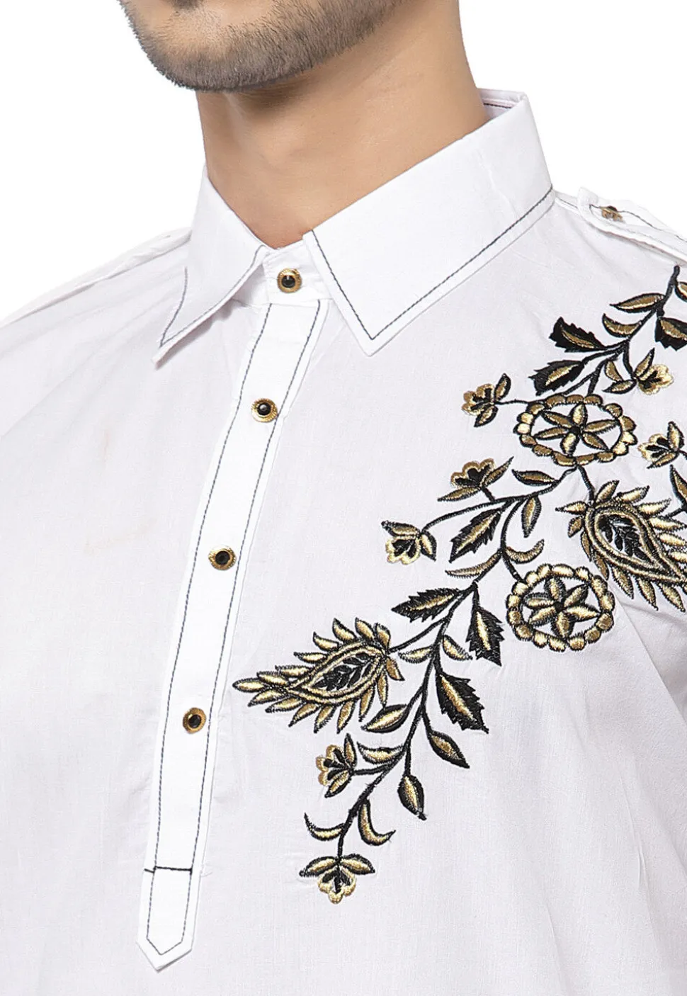 Embroidered Cotton Pathani Suit in White