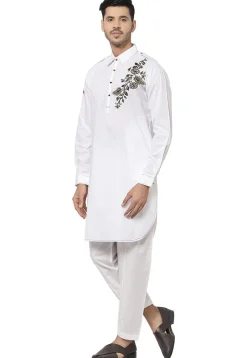 Embroidered Cotton Pathani Suit in White