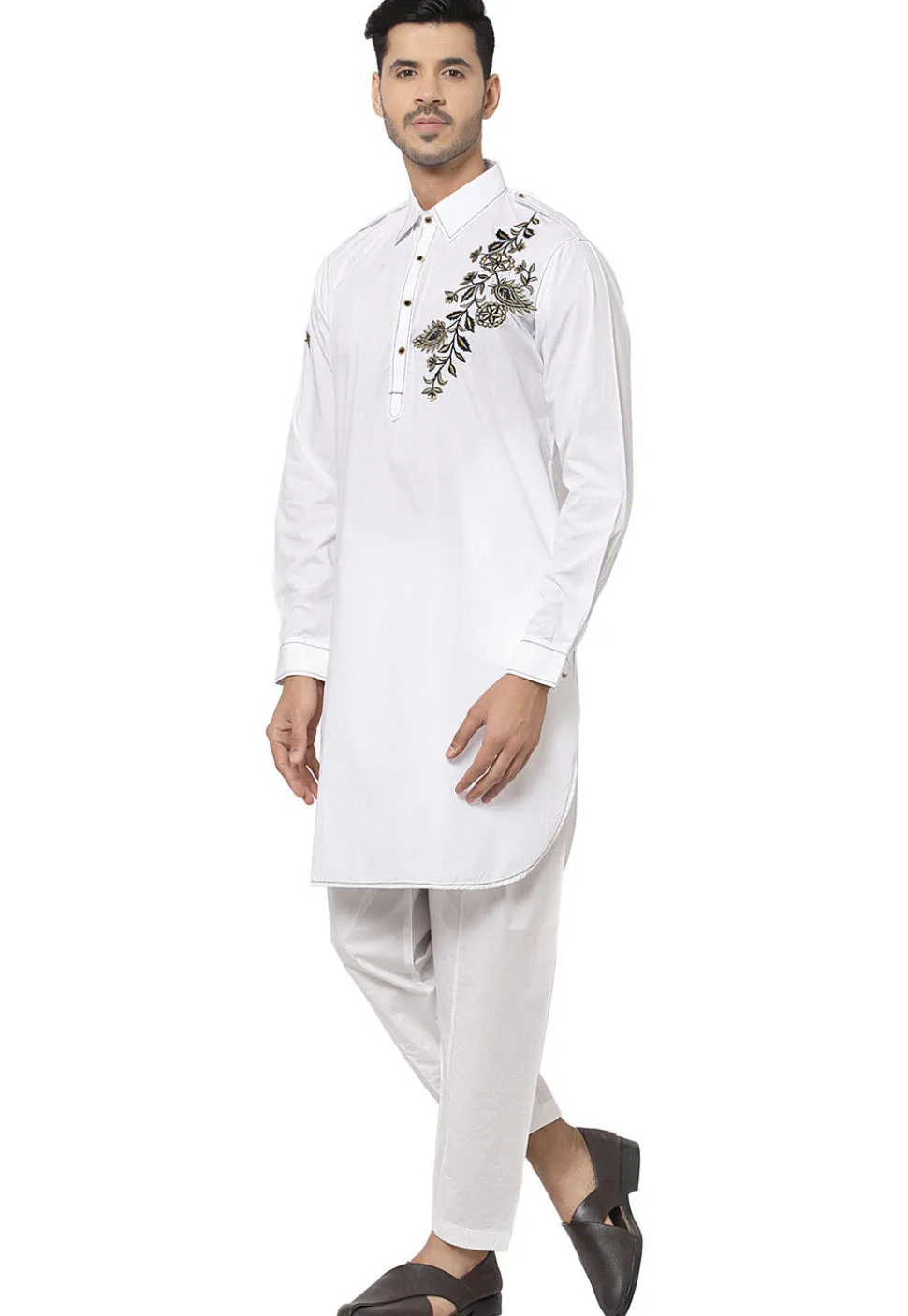 Embroidered Cotton Pathani Suit in White