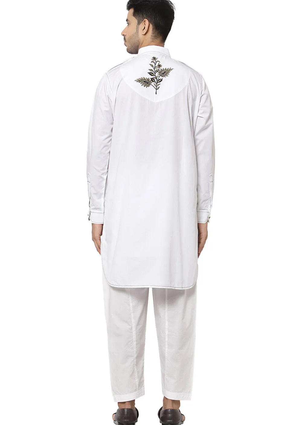 Embroidered Cotton Pathani Suit in White