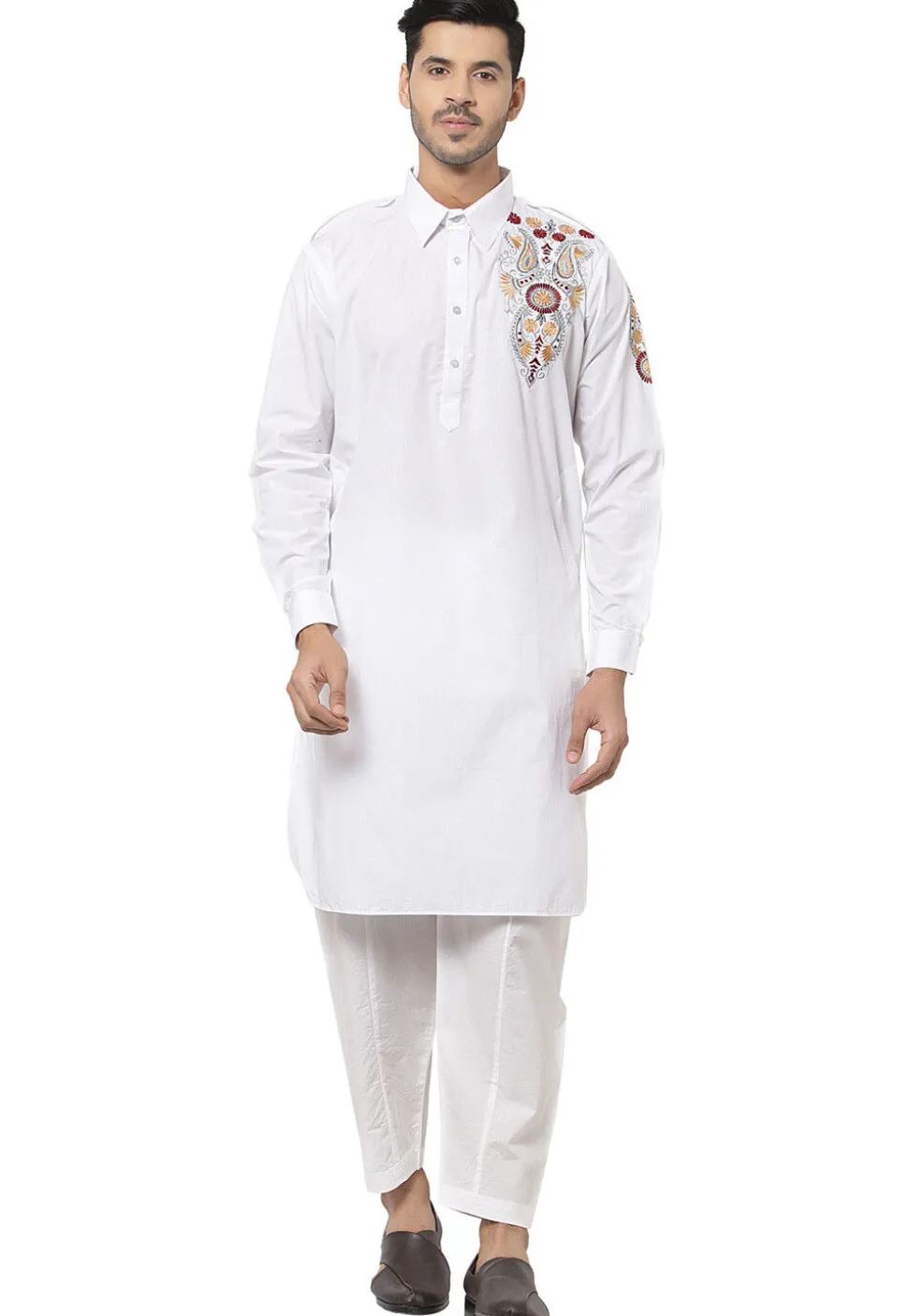 Embroidered Cotton Pathani Suit in White
