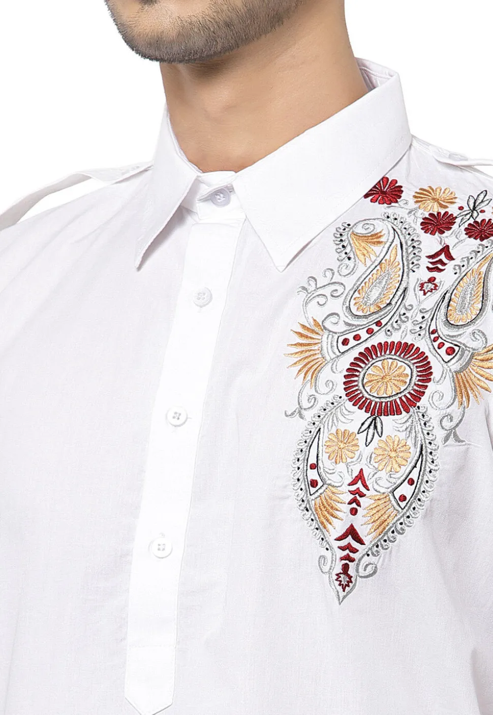 Embroidered Cotton Pathani Suit in White